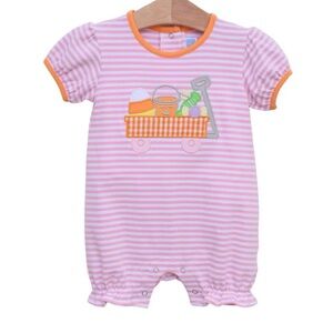 Trotter Street Kids Halloween Wagon Girls Short Romper Pink White Stripe 6 month